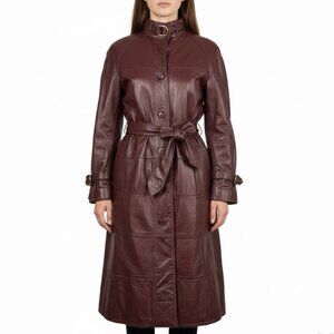 Tfc Women Maroon 100% Genuine Leather Belted Trench Coat Lined With Rayon Sz 8